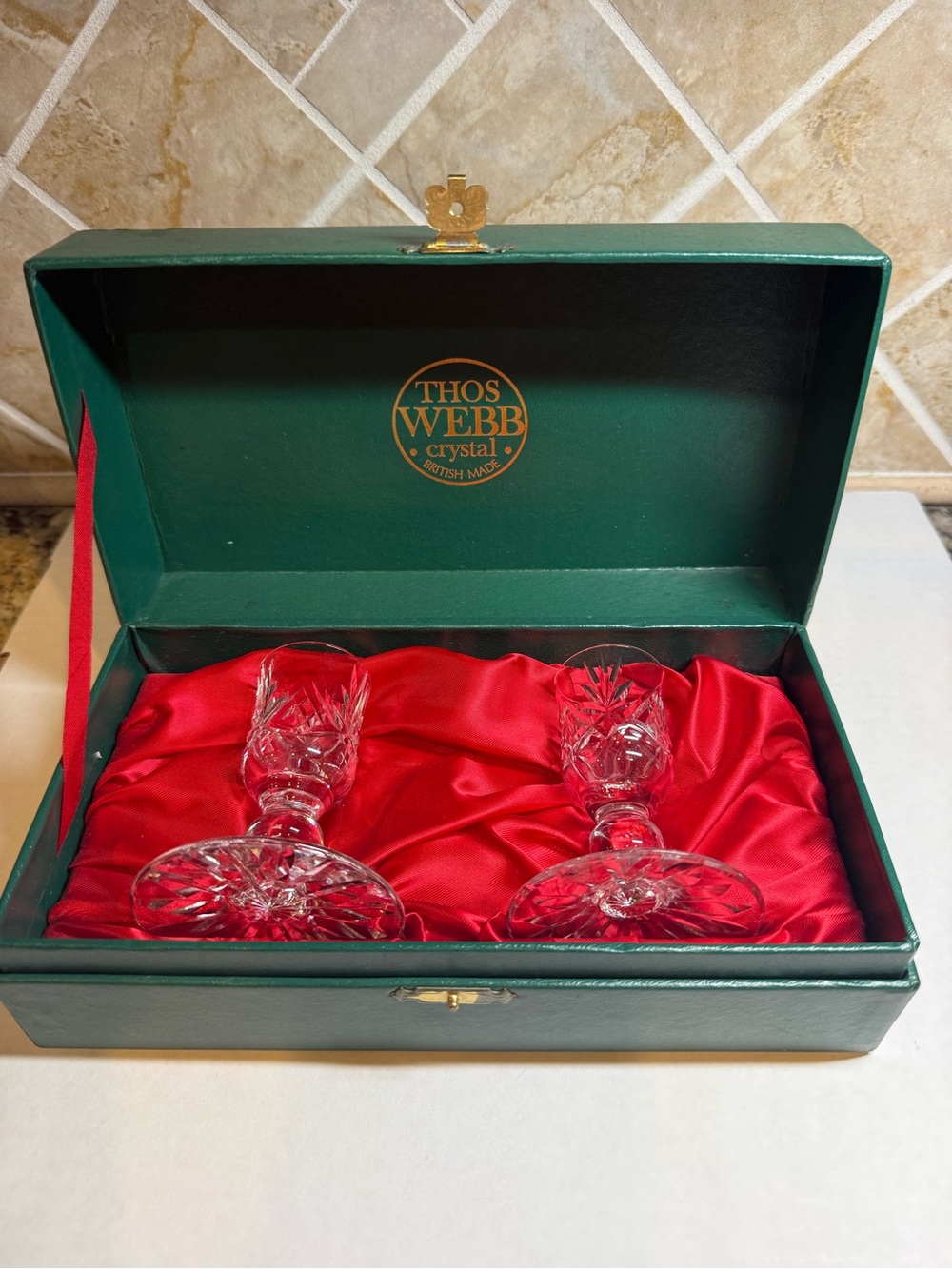 Thos Webb Crystal Cut Cordial Liqueur Glasses, pair with original box, England.